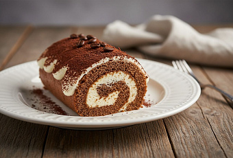 Бисквитный рулет тирамису с кофейной пропиткой, маскарпоне и шоколадом