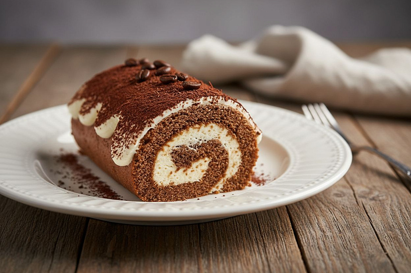 Бисквитный рулет тирамису с кофейной пропиткой, маскарпоне и шоколадом