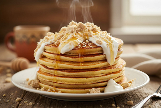 Пышные оладьи на кефире без яиц с кремом из халвы и сметаны