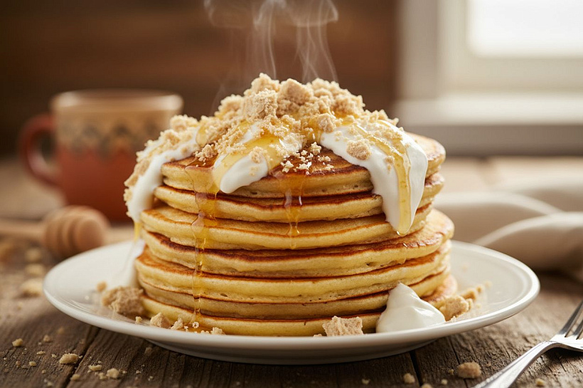 Пышные оладьи на кефире без яиц с кремом из халвы и сметаны