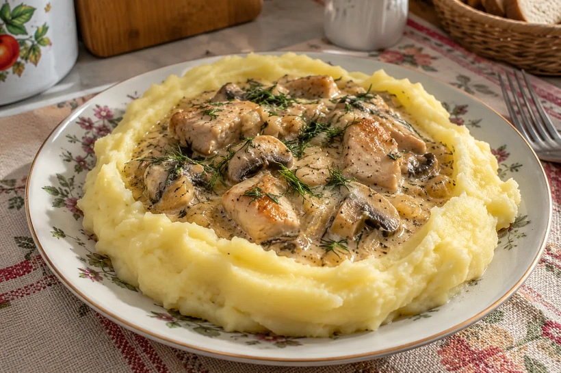 Заливаем курицу с грибами сливками и посыпаем сыром: блюдо выходит нежным и сочным