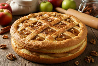 Осенний яблочный пирог с пюре из яблок, орехами и нежным бисквитом