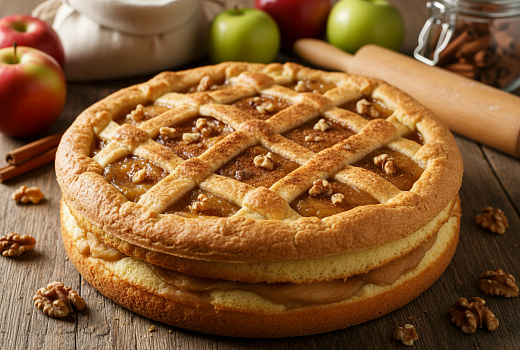 Осенний яблочный пирог с пюре из яблок, орехами и нежным бисквитом