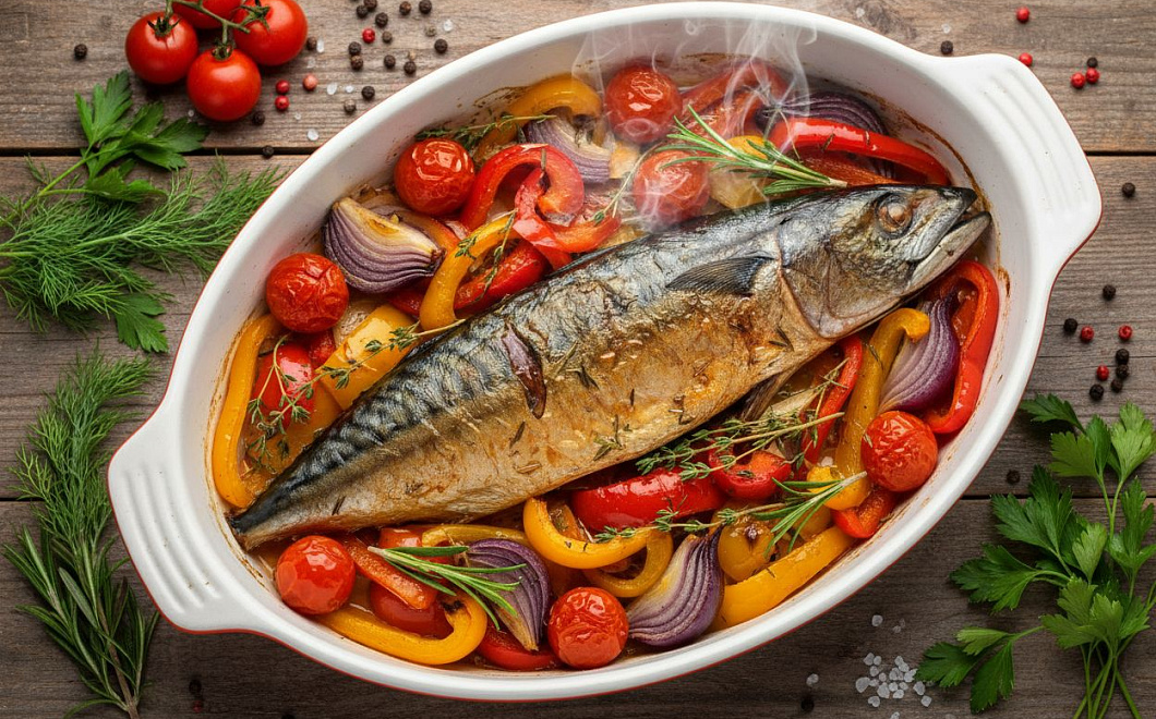 Скумбрия, запеченная в духовке с овощами и специями