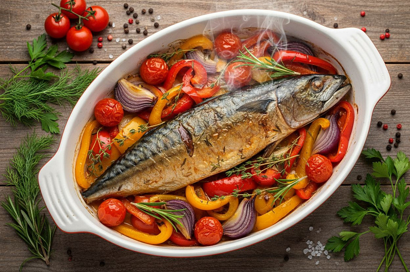 Скумбрия, запеченная в духовке с овощами и специями