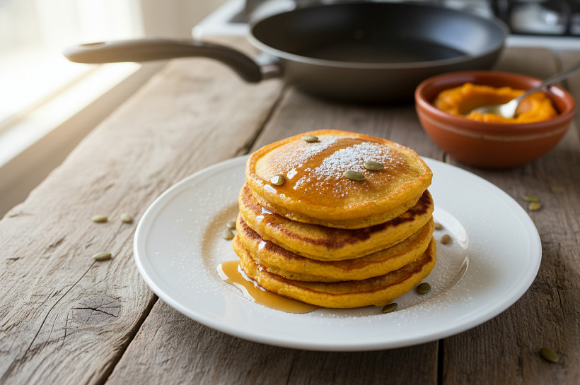 Тыквенные панкейки без масла, пышные и влажные на сухой сковороде