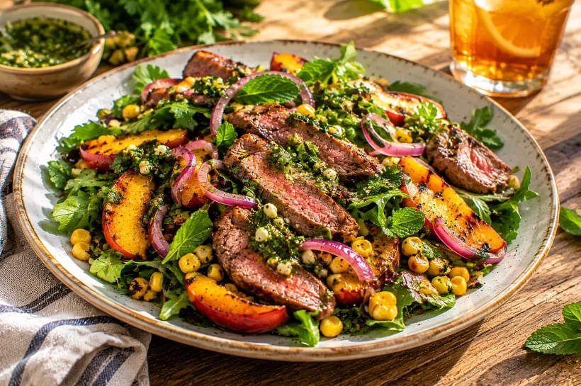 Жарю стейк и персики, добавляю кукурузу и зелень: летний салат от шеф-повара