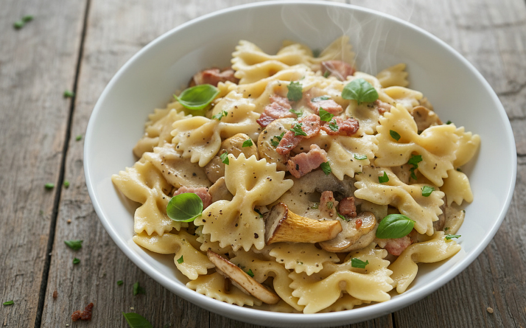 Фарфалле с грибами и беконом в сливочном соусе, пошаговый рецепт