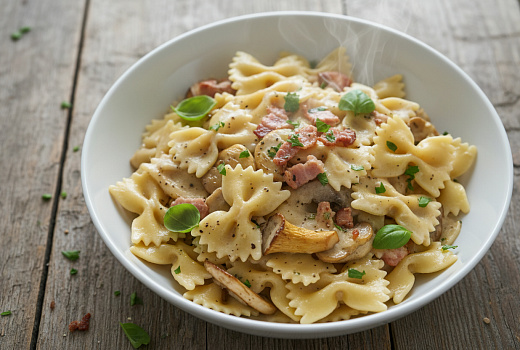 Фарфалле с грибами и беконом в сливочном соусе, пошаговый рецепт