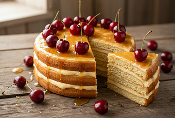 Медовик на бисквите с бананово-сметанным кремом и вишней, простой рецепт