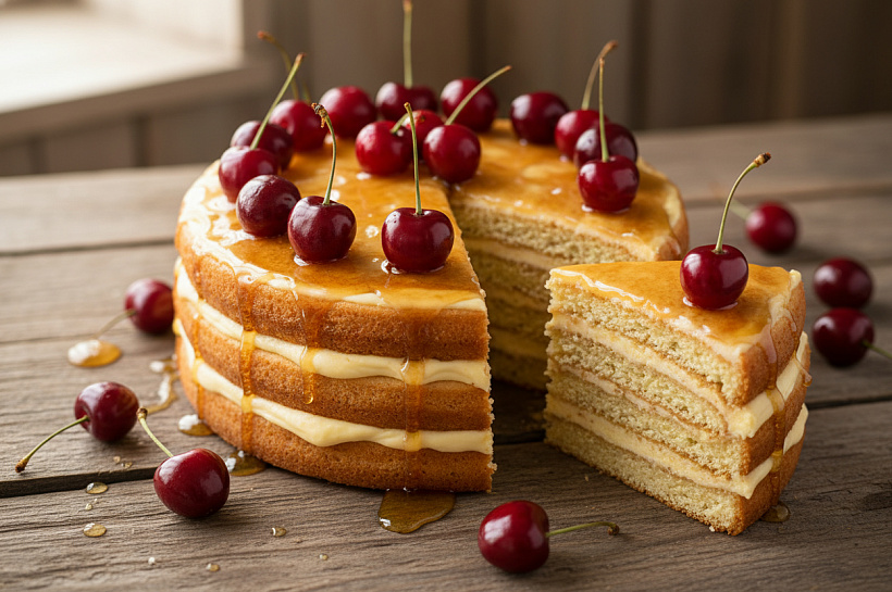 Медовик на бисквите с бананово-сметанным кремом и вишней, простой рецепт