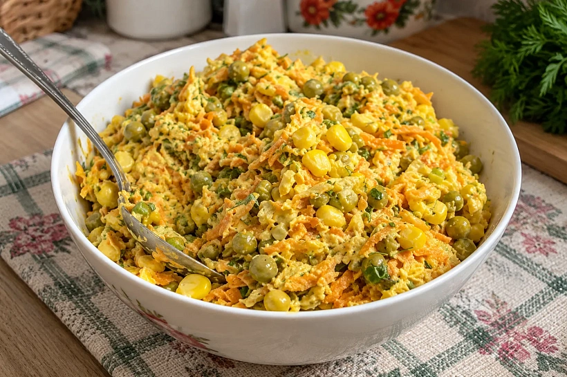 Тушим морковь 5 минут и добавляем горошек с кукурузой: салат выходит сочным и сытным