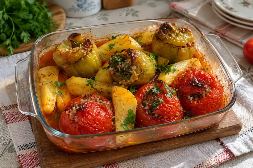 Наполняем помидоры и перцы мясом с рисом: готовим греческую гемисту с картофелем