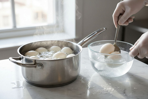Яйца вкрутую без трещин: кипящая вода, соль и ледяная ванна.