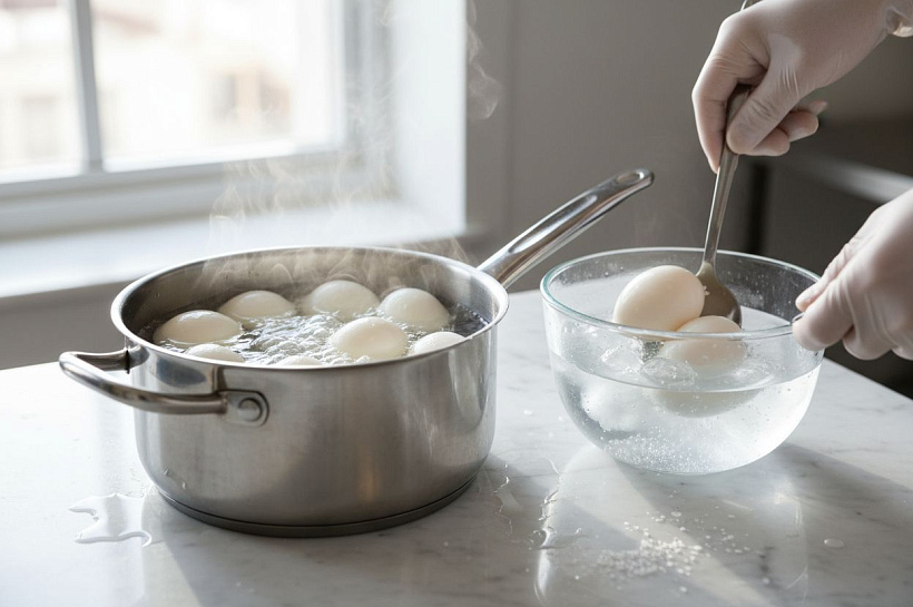 Яйца вкрутую без трещин: кипящая вода, соль и ледяная ванна.