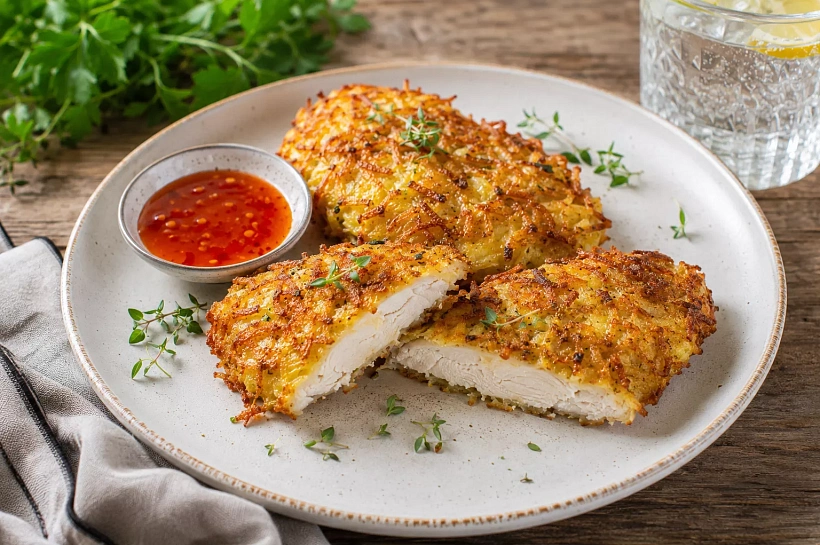 Панирую куриную грудку в тёртом картофеле: получается сочное мясо с хрустящей корочкой