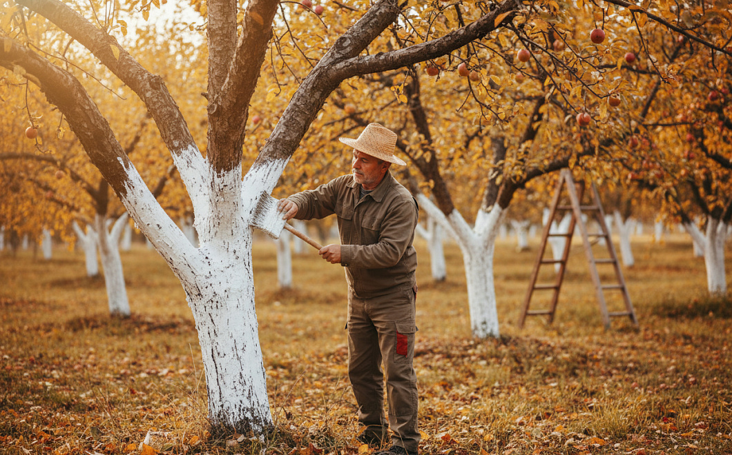 Осенняя побелка деревьев по колхозному рецепту защитит до лета от трещин и ожогов