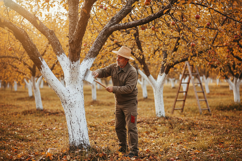 Осенняя побелка деревьев по колхозному рецепту защитит до лета от трещин и ожогов