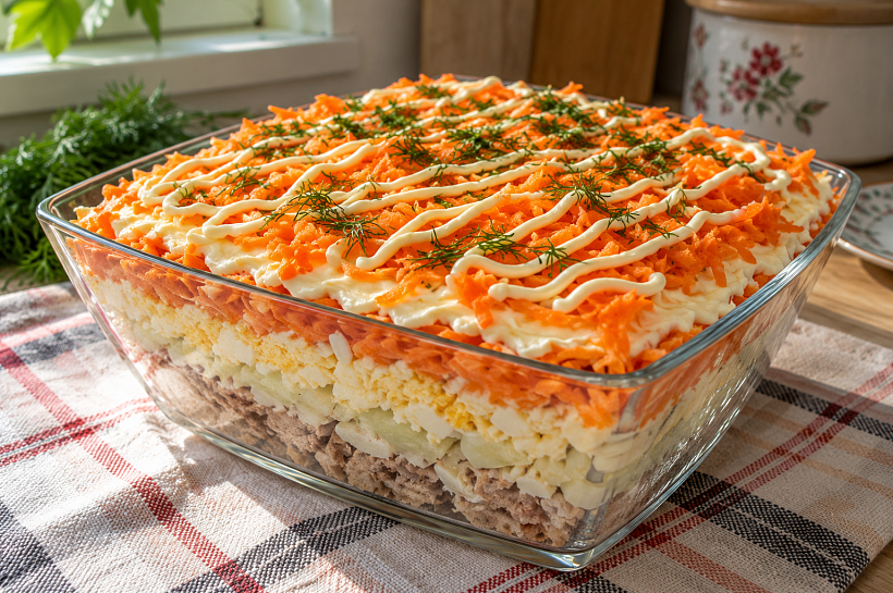 Салат «Танюша» без картошки и сыра: сочная курица, яйца и свежая морковь слоями