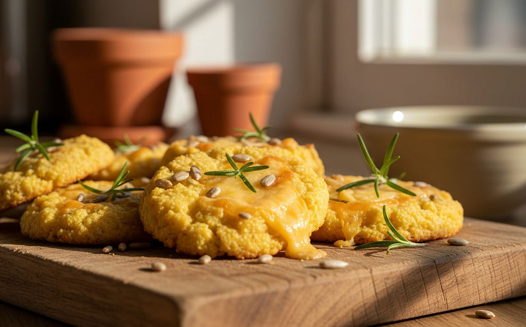 Кукурузные колобки: солёное печенье с сыром, розмарином и семечками