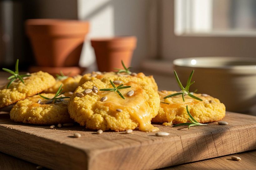 Кукурузные колобки: солёное печенье с сыром, розмарином и семечками