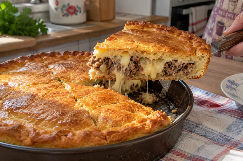 Пирог с мясом и картошкой на всю семью: мягкое тесто, сочная начинка и много сыра
