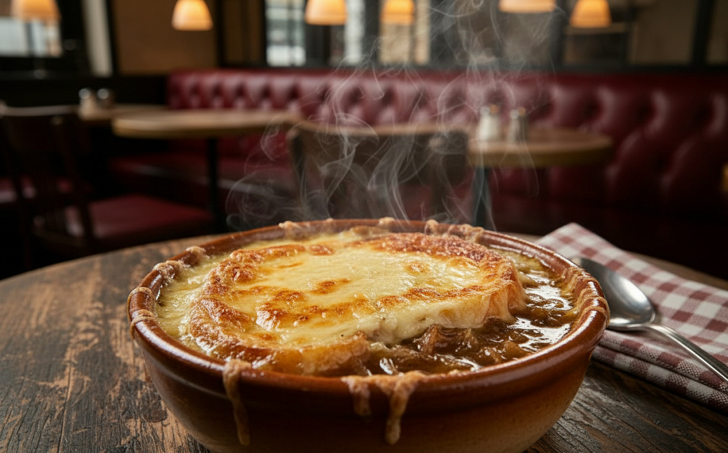 Настоящий французский луковый суп с карамелизованным луком и хрустящей сырной корочкой