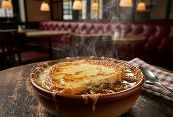 Настоящий французский луковый суп с карамелизованным луком и хрустящей сырной корочкой