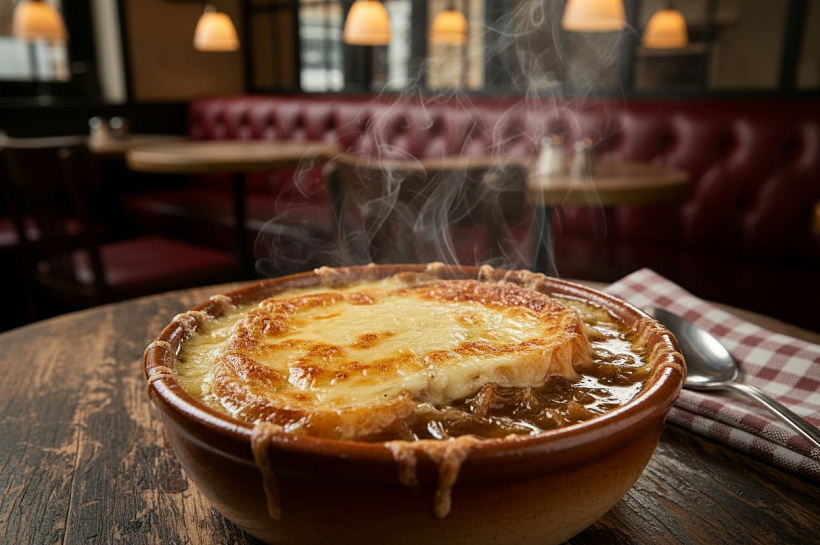 Настоящий французский луковый суп с карамелизованным луком и хрустящей сырной корочкой