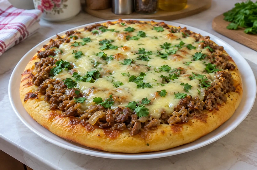 Заливной мясной пирог на сковороде: много начинки, мягкое тесто и сырная корочка