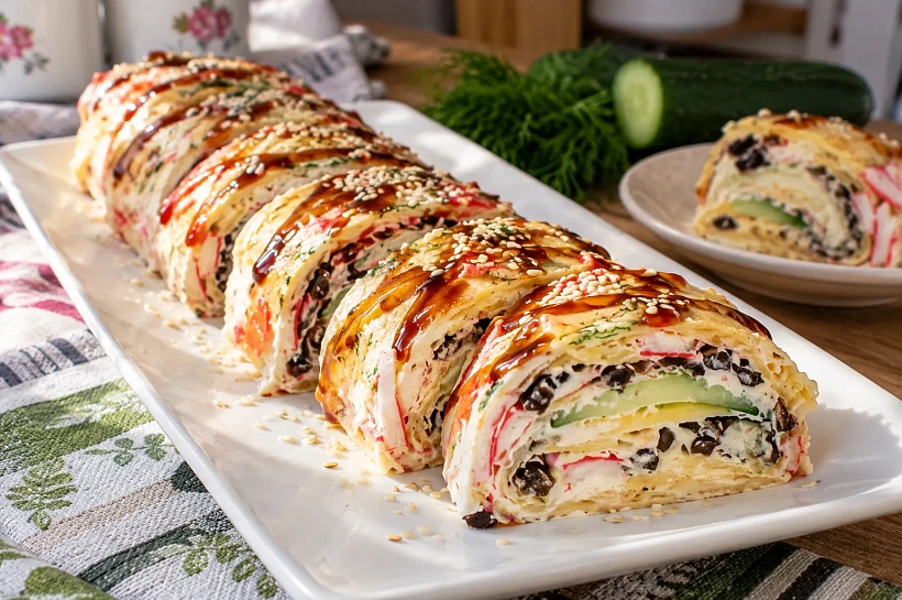 Рулет из крабовых палочек с сыром и нори: необычная закуска, которая напоминает суши