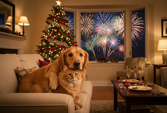 Опасности для питомцев в новогоднюю ночь: фейерверки, ёлка и гости
