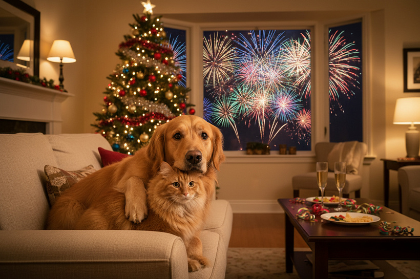 Опасности для питомцев в новогоднюю ночь: фейерверки, ёлка и гости