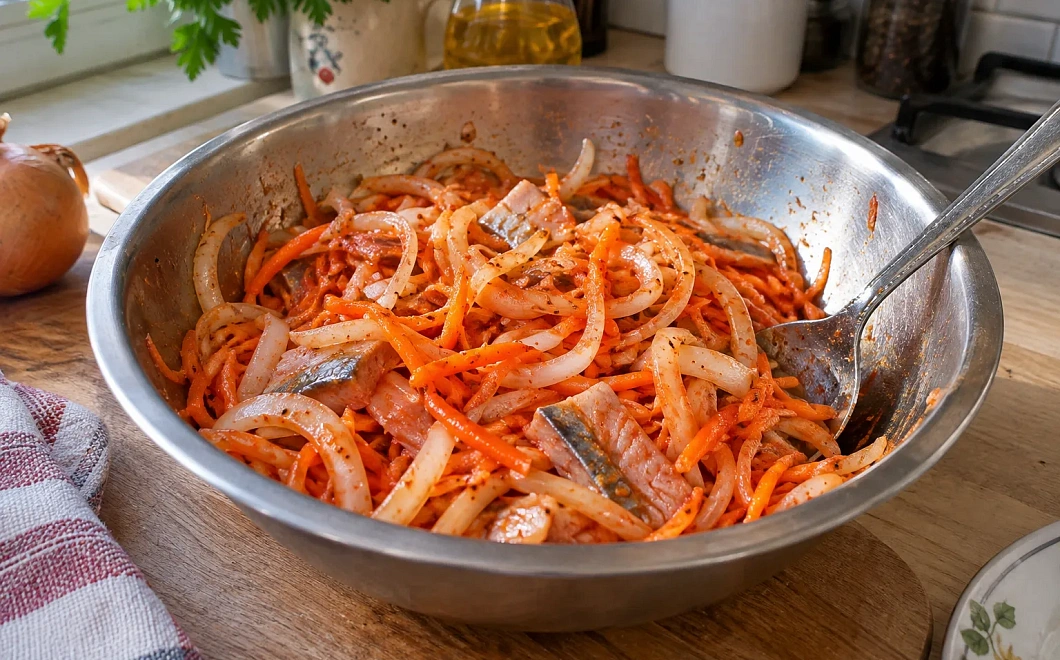 Селёдка по-корейски с луком и морковью: маринуем в острой томатной заливке