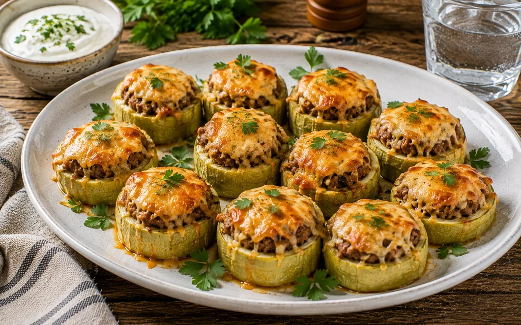 Наполняю кабачковые кольца фаршем и посыпаю сыром: получается красивый летний ужин
