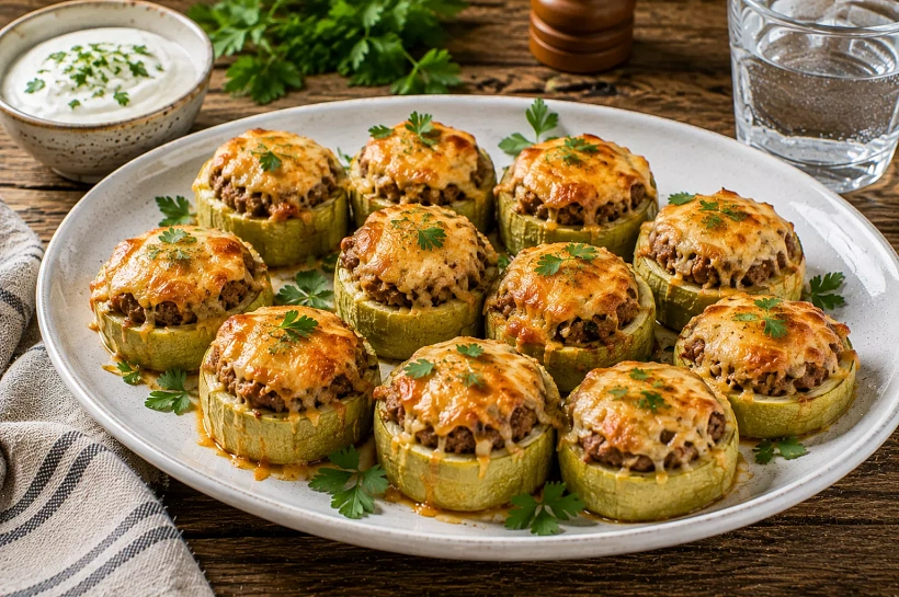 Наполняю кабачковые кольца фаршем и посыпаю сыром: получается красивый летний ужин