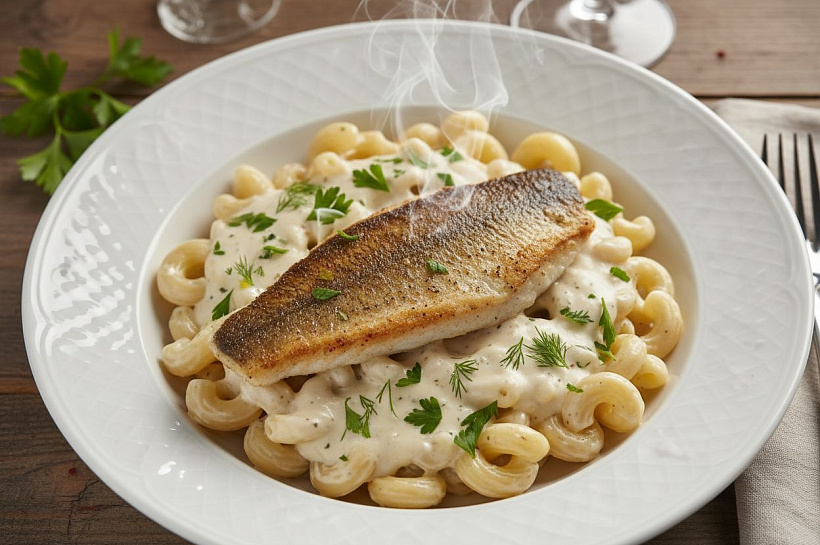Судак с пастой под сливочным соусом, пошаговый рецепт приготовления