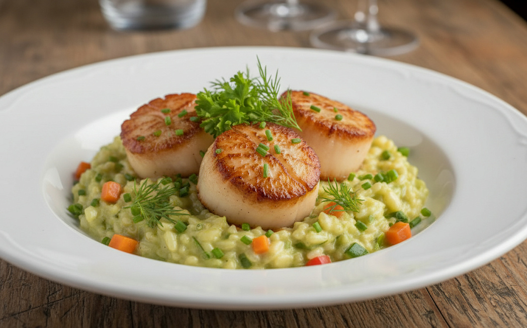 Морской гребешок с овощным ризотто, пошаговый рецепт приготовления