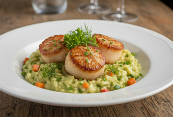 Морской гребешок с овощным ризотто, пошаговый рецепт приготовления