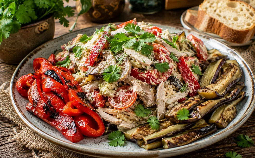 Запекаю перец, обжариваю баклажаны и добавляю курицу: сытный салат из сезонных овощей