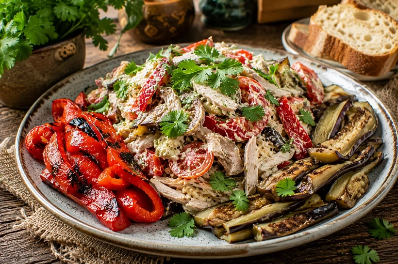 Запекаю перец, обжариваю баклажаны и добавляю курицу: сытный салат из сезонных овощей