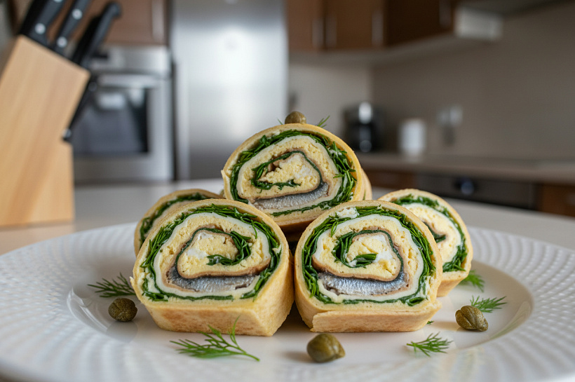 Закуска из тортильи с яйцами и шпротами за полчаса без хлеба и масла