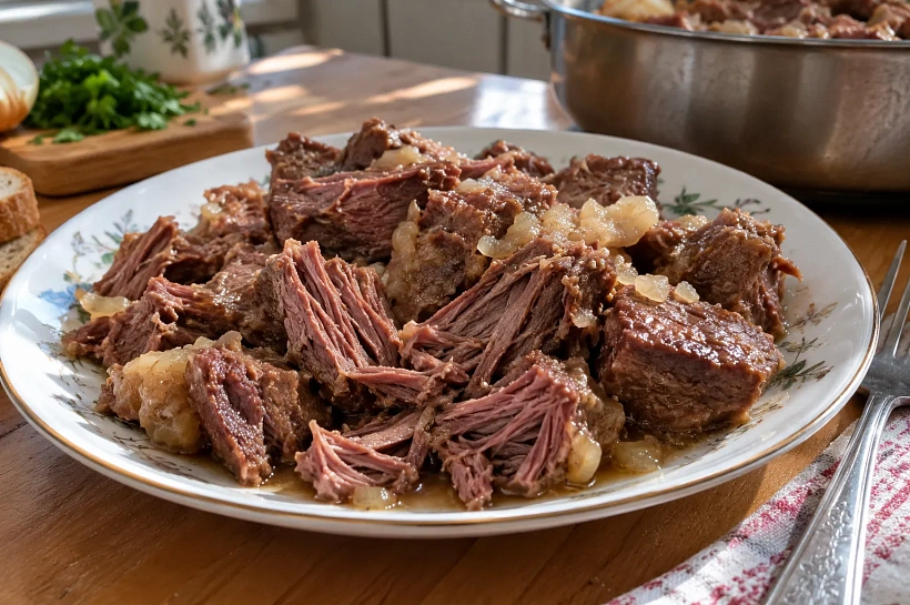 Говядина с луком без жарки: томим на слабом огне — мясо становится мягким и распадается на волокна