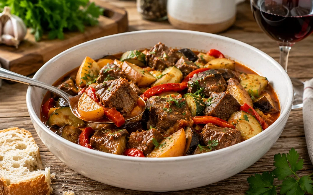 Сначала тушу мясо, потом добавляю овощи слоями: рагу получается нежным и не превращается в кашу