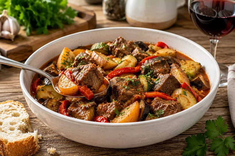 Сначала тушу мясо, потом добавляю овощи слоями: рагу получается нежным и не превращается в кашу