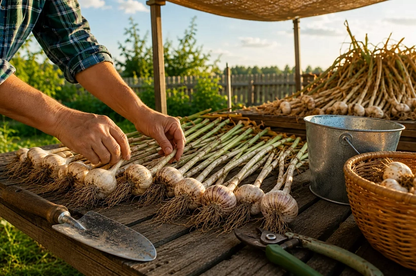 Не спешу выкапывать озимый чеснок: по листьям определяю лучший срок уборки