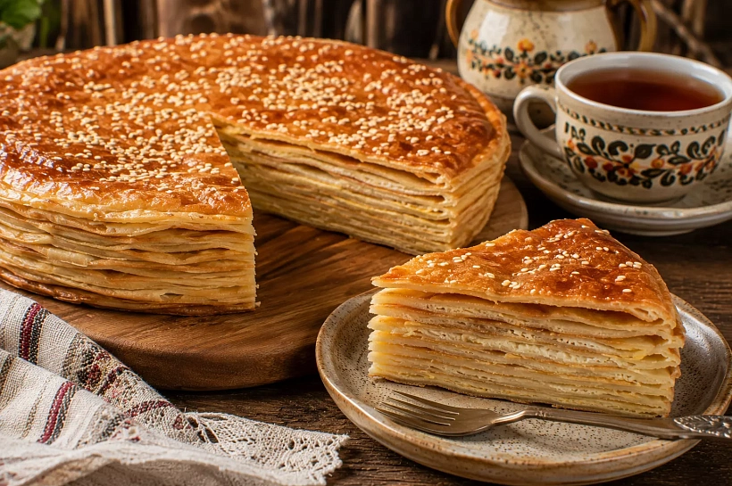 Складываю тонкие блины стопкой с манкой и сахаром: пирог 