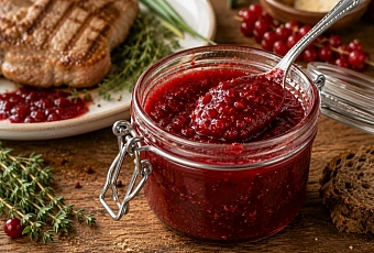 Протираю красную смородину и добавляю специи: получается густой соус к мясу и рыбе