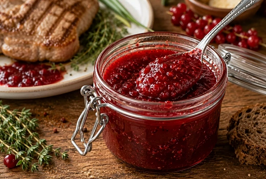 Протираю красную смородину и добавляю специи: получается густой соус к мясу и рыбе