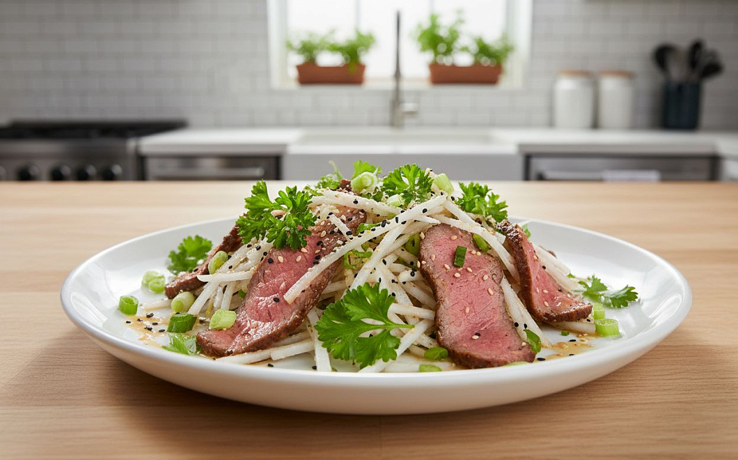 Салат с говядиной и дайконом, пошаговый рецепт приготовления